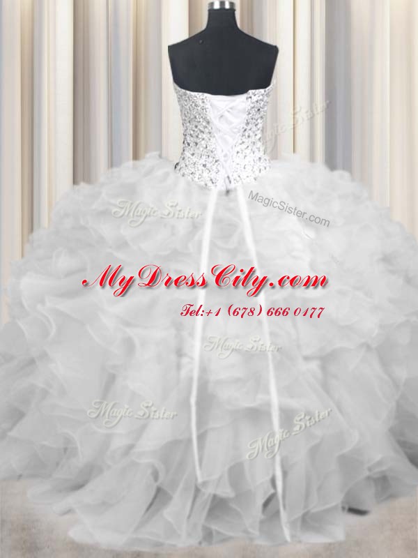 White Organza Lace Up Quinceanera Dresses Sleeveless Floor Length Beading and Ruffles