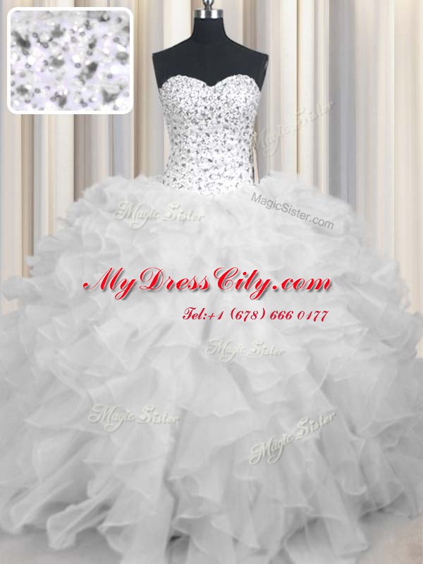 White Organza Lace Up Quinceanera Dresses Sleeveless Floor Length Beading and Ruffles