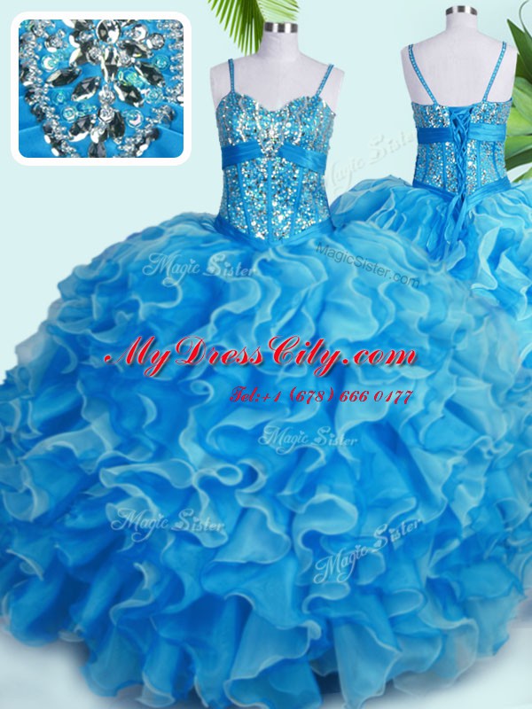 Baby Blue Sleeveless Organza Lace Up Sweet 16 Dress for Military Ball and Sweet 16 and Quinceanera