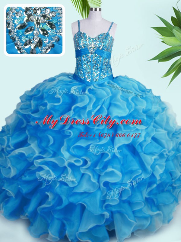 Baby Blue Sleeveless Organza Lace Up Sweet 16 Dress for Military Ball and Sweet 16 and Quinceanera