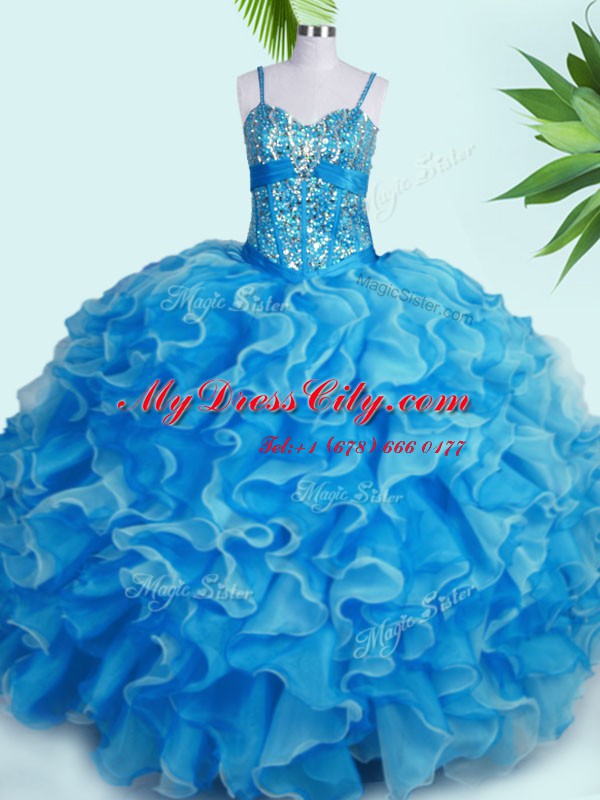 Baby Blue Sleeveless Organza Lace Up Sweet 16 Dress for Military Ball and Sweet 16 and Quinceanera