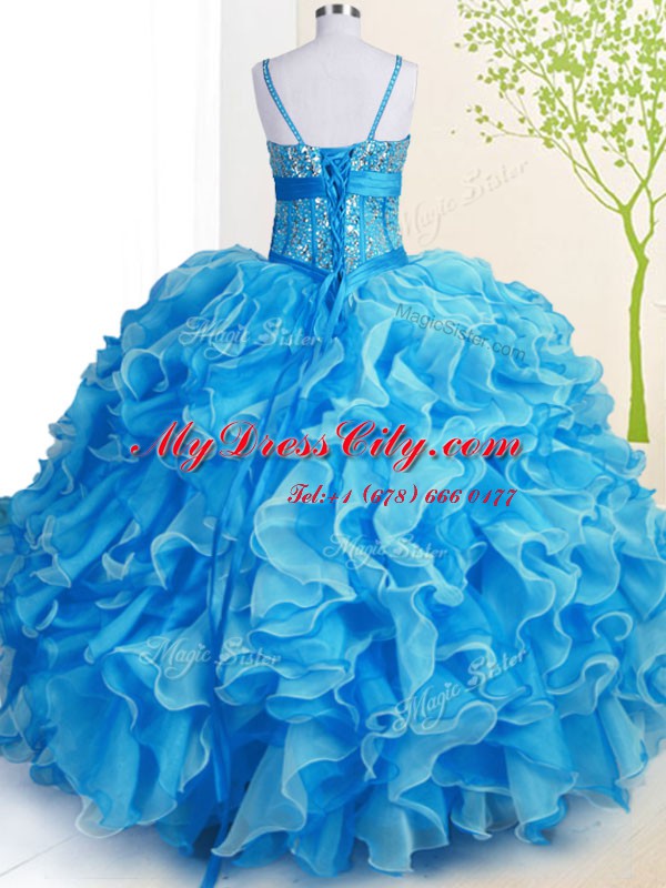 Baby Blue Sleeveless Organza Lace Up Sweet 16 Dress for Military Ball and Sweet 16 and Quinceanera