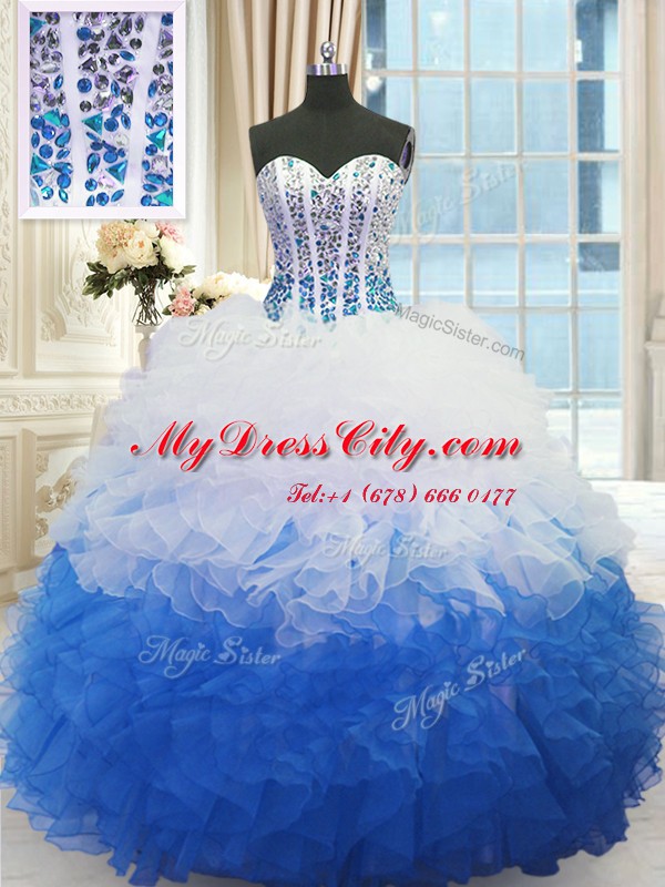 Sleeveless Floor Length Beading and Ruffles Lace Up Quince Ball Gowns with Blue And White