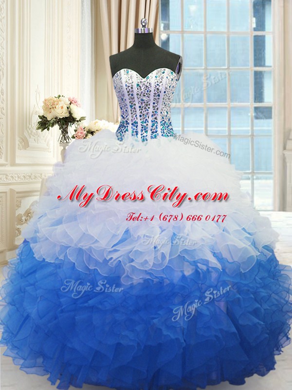 Sleeveless Floor Length Beading and Ruffles Lace Up Quince Ball Gowns with Blue And White