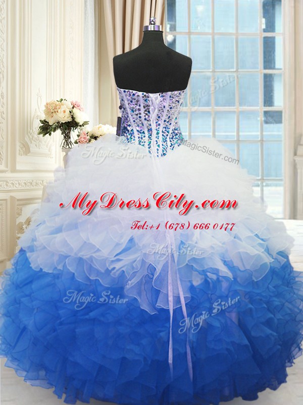 Sleeveless Floor Length Beading and Ruffles Lace Up Quince Ball Gowns with Blue And White