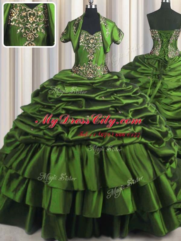 Fantastic Taffeta Sweetheart Sleeveless Brush Train Lace Up Beading and Appliques and Pick Ups 15 Quinceanera Dress in Green