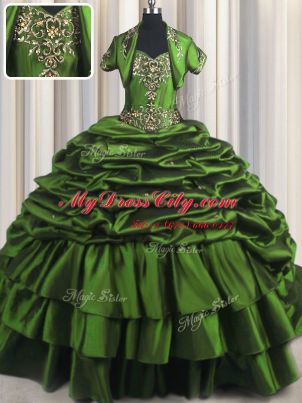 Fantastic Taffeta Sweetheart Sleeveless Brush Train Lace Up Beading and Appliques and Pick Ups 15 Quinceanera Dress in Green