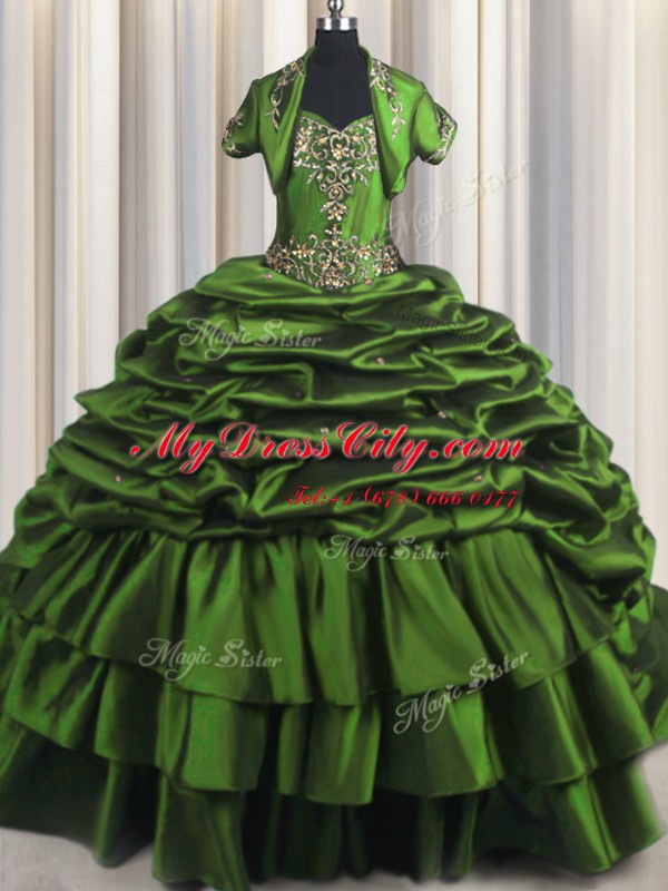 Fantastic Taffeta Sweetheart Sleeveless Brush Train Lace Up Beading and Appliques and Pick Ups 15 Quinceanera Dress in Green