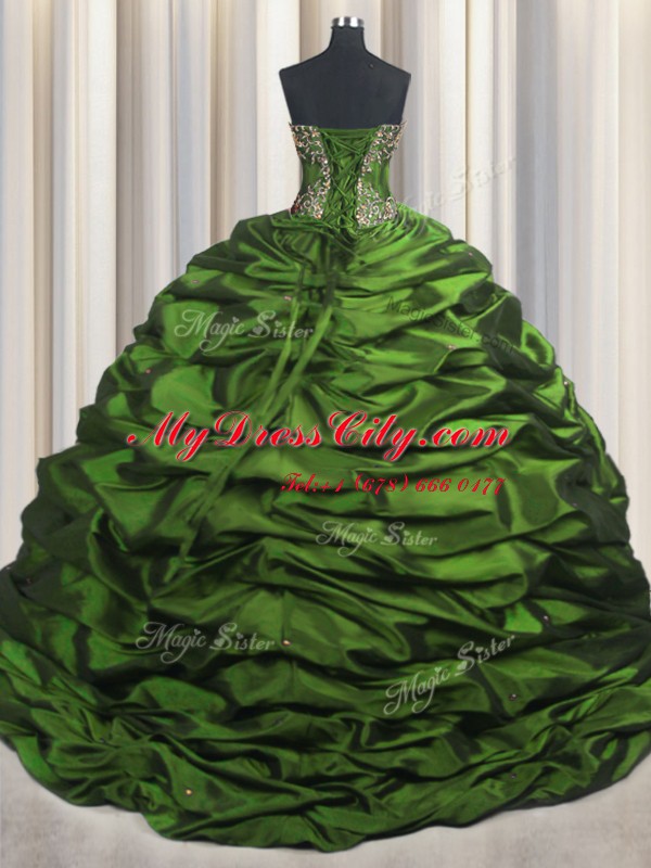 Fantastic Taffeta Sweetheart Sleeveless Brush Train Lace Up Beading and Appliques and Pick Ups 15 Quinceanera Dress in Green