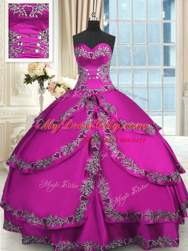 Fantastic Sweetheart Sleeveless Ball Gown Prom Dress Floor Length Beading and Embroidery Fuchsia Taffeta