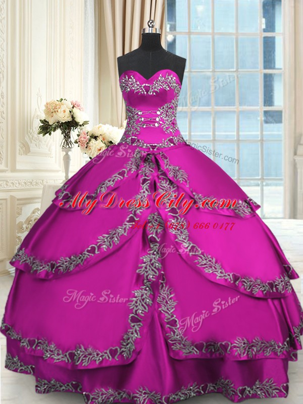 Fantastic Sweetheart Sleeveless Ball Gown Prom Dress Floor Length Beading and Embroidery Fuchsia Taffeta