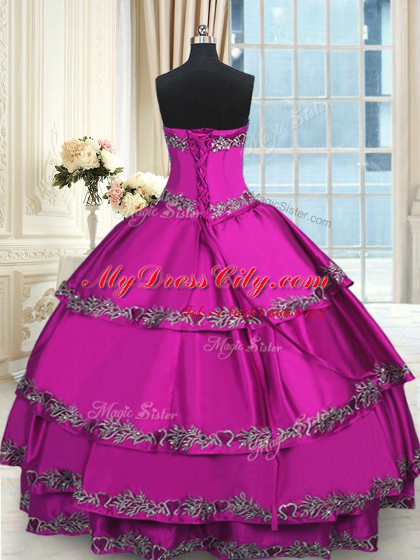 Fantastic Sweetheart Sleeveless Ball Gown Prom Dress Floor Length Beading and Embroidery Fuchsia Taffeta