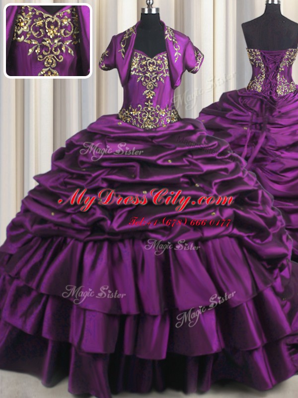 Comfortable Purple Ball Gowns Beading and Appliques and Pick Ups 15th Birthday Dress Lace Up Taffeta Sleeveless With Train