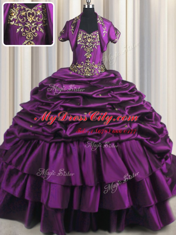 Comfortable Purple Ball Gowns Beading and Appliques and Pick Ups 15th Birthday Dress Lace Up Taffeta Sleeveless With Train