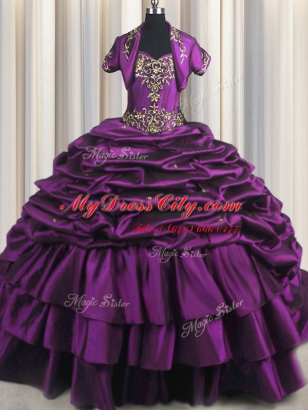 Comfortable Purple Ball Gowns Beading and Appliques and Pick Ups 15th Birthday Dress Lace Up Taffeta Sleeveless With Train