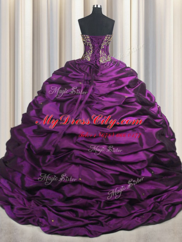 Comfortable Purple Ball Gowns Beading and Appliques and Pick Ups 15th Birthday Dress Lace Up Taffeta Sleeveless With Train