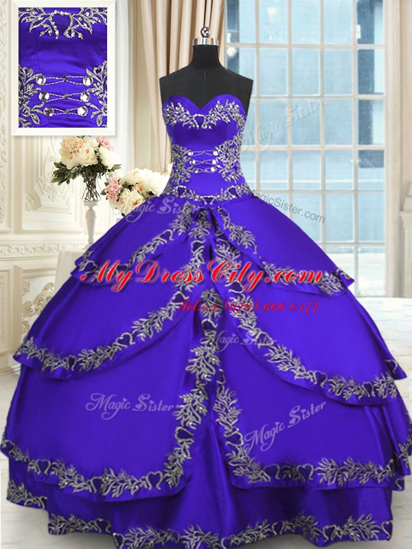 Sweetheart Sleeveless Taffeta Quinceanera Gowns Beading and Appliques and Ruffled Layers Lace Up