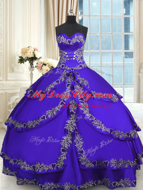 Sweetheart Sleeveless Taffeta Quinceanera Gowns Beading and Appliques and Ruffled Layers Lace Up