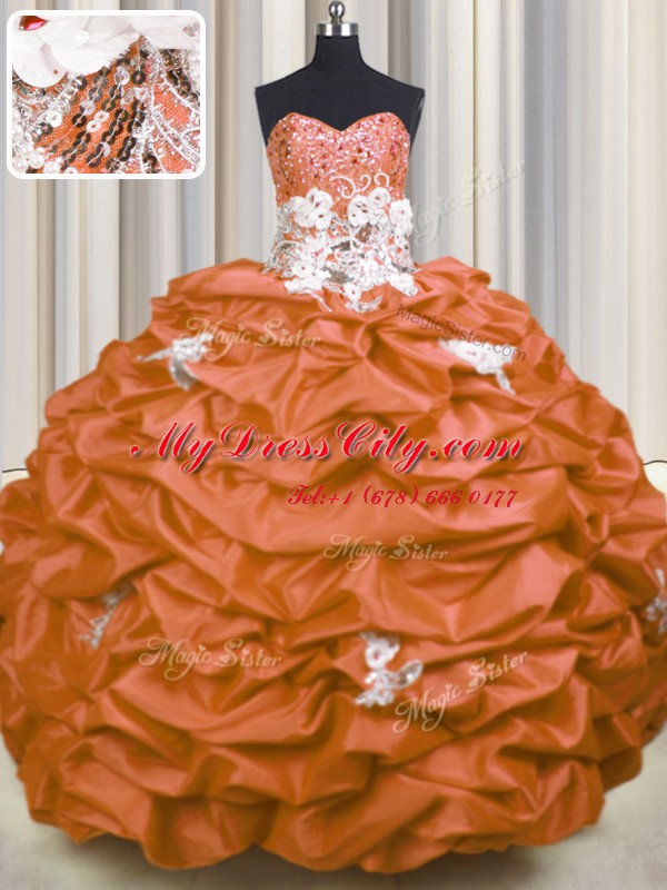 Sequins Pick Ups Sweetheart Sleeveless Brush Train Lace Up Sweet 16 Quinceanera Dress Orange Red Taffeta