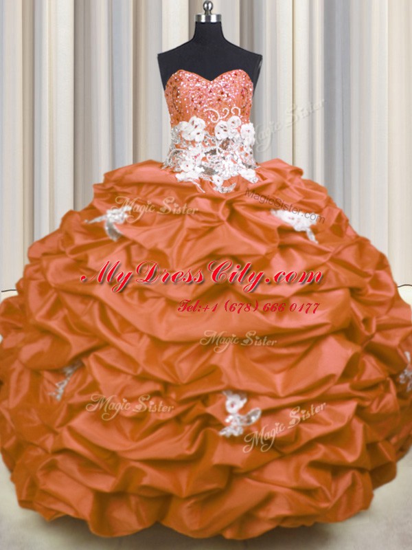 Sequins Pick Ups Sweetheart Sleeveless Brush Train Lace Up Sweet 16 Quinceanera Dress Orange Red Taffeta