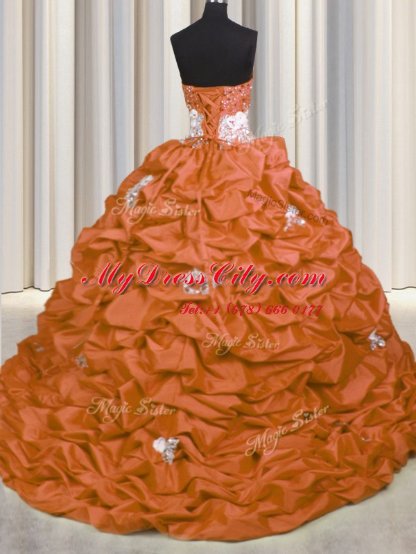 Sequins Pick Ups Sweetheart Sleeveless Brush Train Lace Up Sweet 16 Quinceanera Dress Orange Red Taffeta