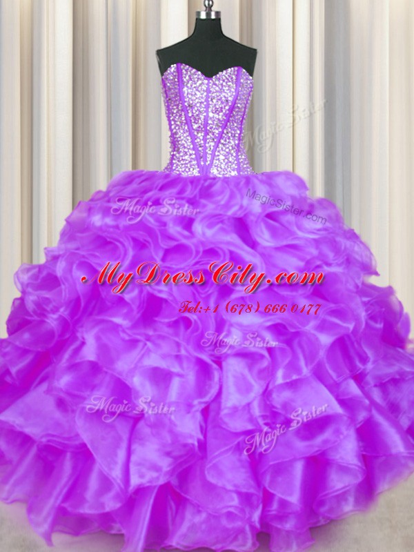 Organza Sleeveless Floor Length Sweet 16 Quinceanera Dress and Beading and Ruffles