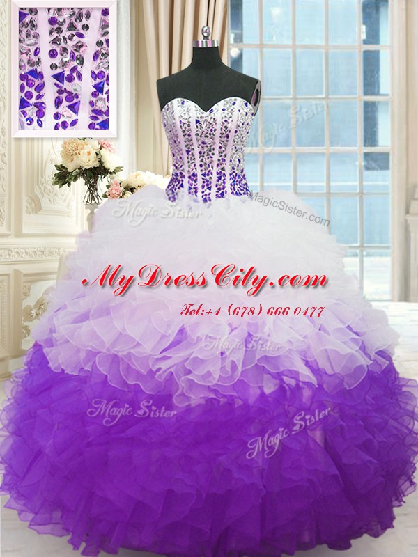 White And Purple Lace Up Quince Ball Gowns Beading and Ruffles Sleeveless Floor Length