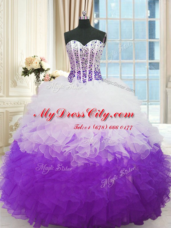 White And Purple Lace Up Quince Ball Gowns Beading and Ruffles Sleeveless Floor Length