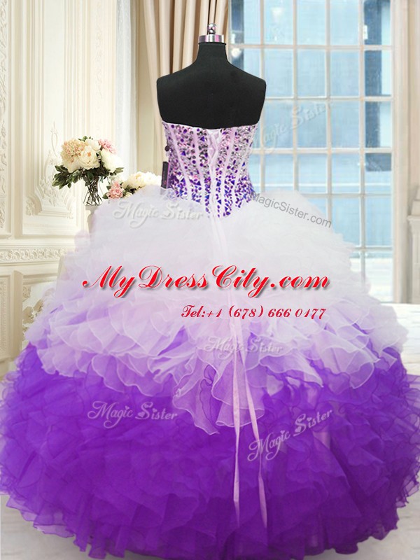 White And Purple Lace Up Quince Ball Gowns Beading and Ruffles Sleeveless Floor Length