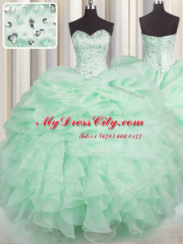 Apple Green Ball Gowns Organza Sweetheart Sleeveless Beading and Ruffles Floor Length Lace Up Ball Gown Prom Dress