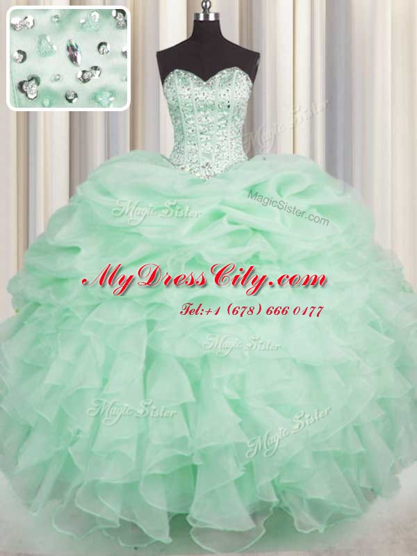 Apple Green Ball Gowns Organza Sweetheart Sleeveless Beading and Ruffles Floor Length Lace Up Ball Gown Prom Dress