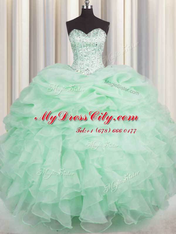 Apple Green Ball Gowns Organza Sweetheart Sleeveless Beading and Ruffles Floor Length Lace Up Ball Gown Prom Dress