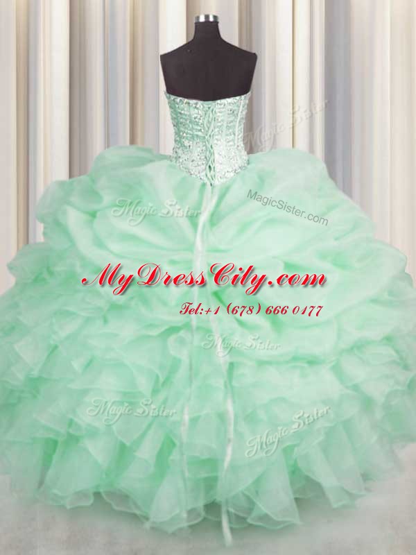 Apple Green Ball Gowns Organza Sweetheart Sleeveless Beading and Ruffles Floor Length Lace Up Ball Gown Prom Dress