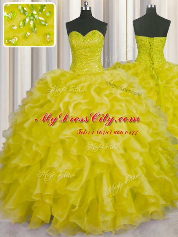 Sleeveless Organza Floor Length Lace Up Quinceanera Dress in Yellow with Beading and Ruffles