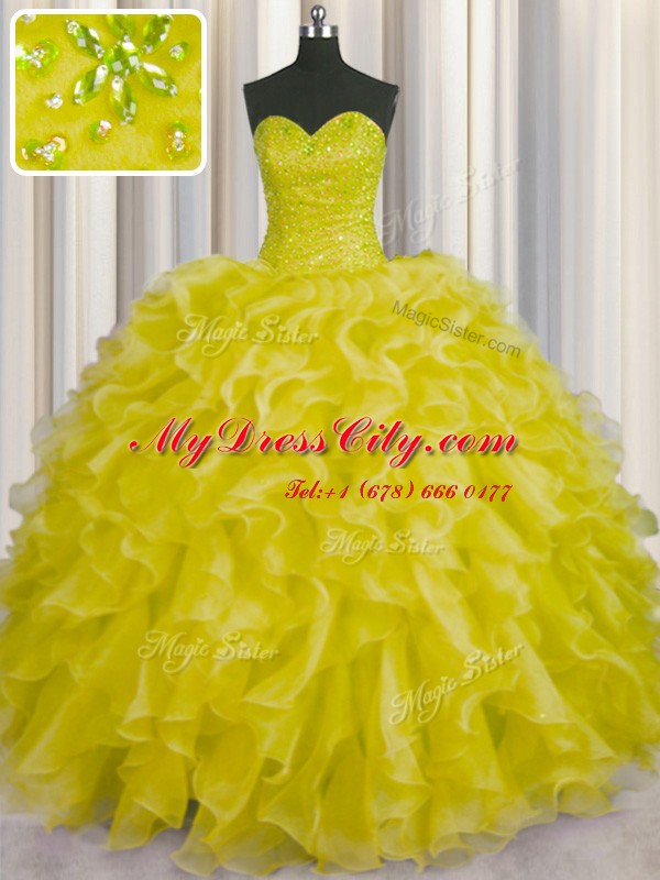 Sleeveless Organza Floor Length Lace Up Quinceanera Dress in Yellow with Beading and Ruffles