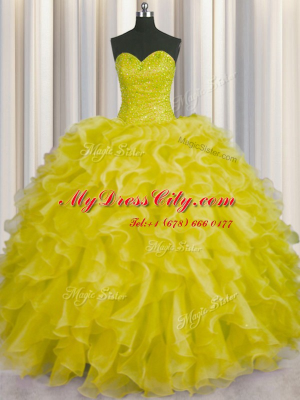 Sleeveless Organza Floor Length Lace Up Quinceanera Dress in Yellow with Beading and Ruffles