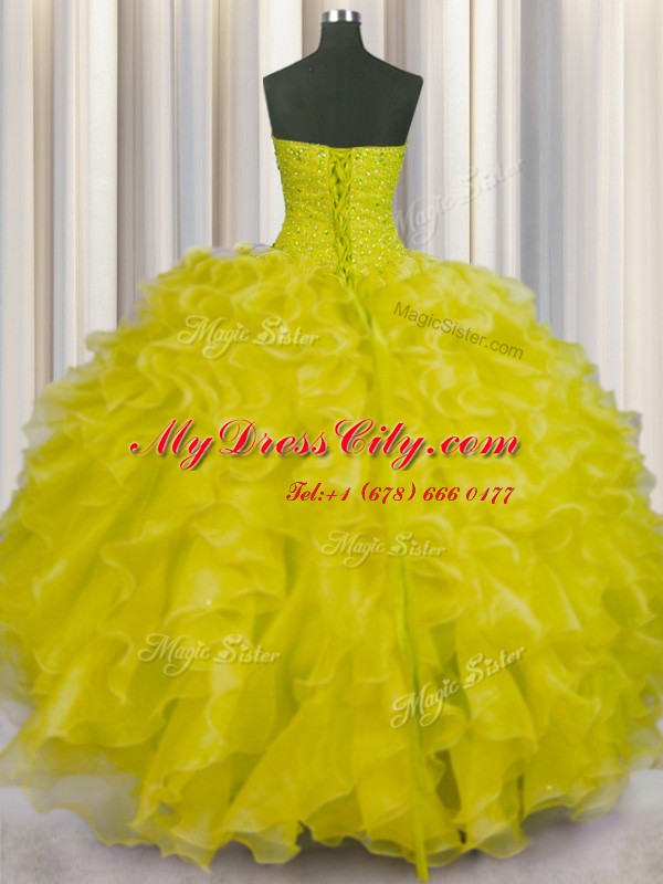 Sleeveless Organza Floor Length Lace Up Quinceanera Dress in Yellow with Beading and Ruffles