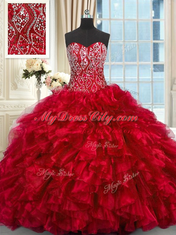 Red Ball Gowns Beading and Ruffles Ball Gown Prom Dress Lace Up Organza Sleeveless