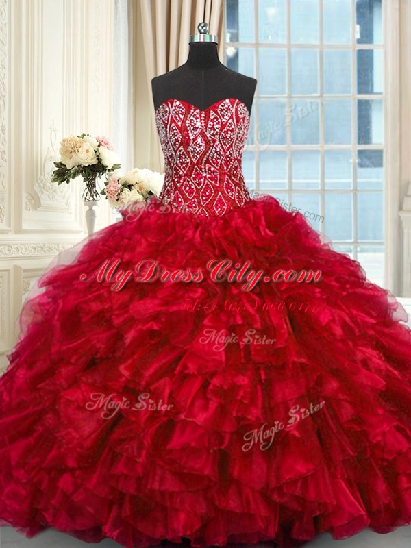 Red Ball Gowns Beading and Ruffles Ball Gown Prom Dress Lace Up Organza Sleeveless