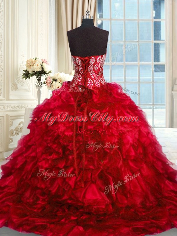 Red Ball Gowns Beading and Ruffles Ball Gown Prom Dress Lace Up Organza Sleeveless