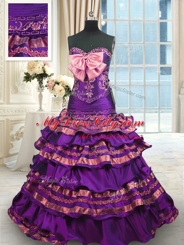 Artistic Purple A-line Sweetheart Sleeveless Taffeta Brush Train Lace Up Appliques and Ruffled Layers and Bowknot Sweet 16 Quinceanera Dress