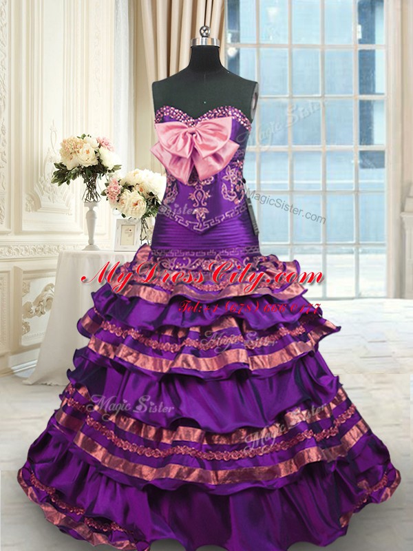 Artistic Purple A-line Sweetheart Sleeveless Taffeta Brush Train Lace Up Appliques and Ruffled Layers and Bowknot Sweet 16 Quinceanera Dress