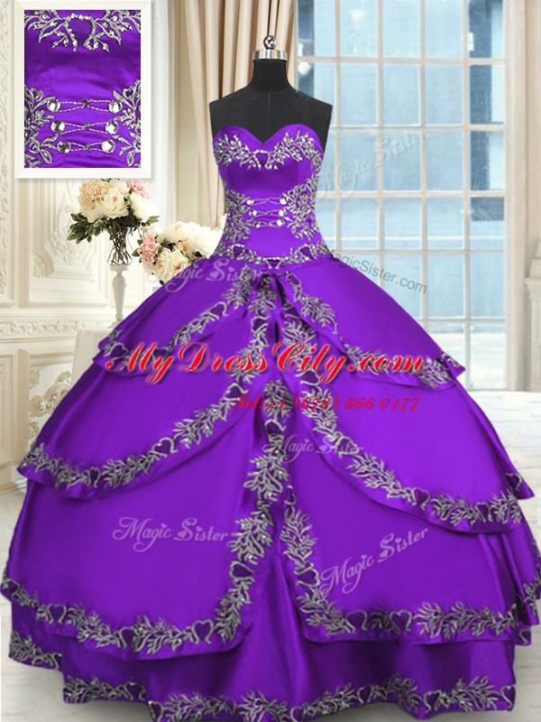 Sweetheart Sleeveless Taffeta 15 Quinceanera Dress Beading and Appliques and Ruffled Layers Lace Up