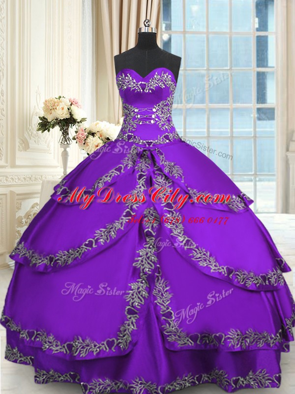 Sweetheart Sleeveless Taffeta 15 Quinceanera Dress Beading and Appliques and Ruffled Layers Lace Up