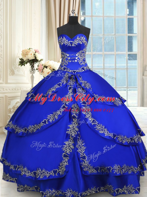 Luxury Royal Blue Sweetheart Lace Up Beading and Embroidery and Ruffled Layers Quinceanera Gowns Sleeveless