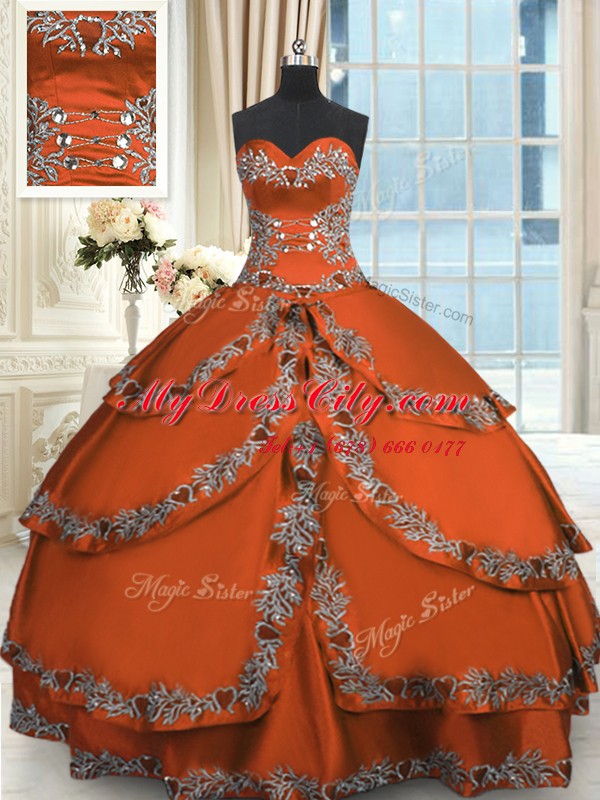 Rust Red Ball Gowns Taffeta Sweetheart Sleeveless Beading and Embroidery and Ruffled Layers Floor Length Lace Up Sweet 16 Dress