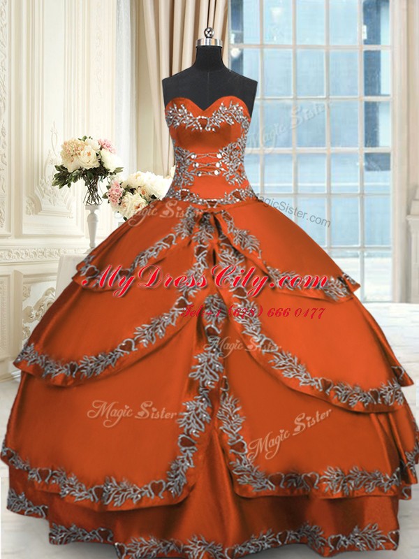 Rust Red Ball Gowns Taffeta Sweetheart Sleeveless Beading and Embroidery and Ruffled Layers Floor Length Lace Up Sweet 16 Dress