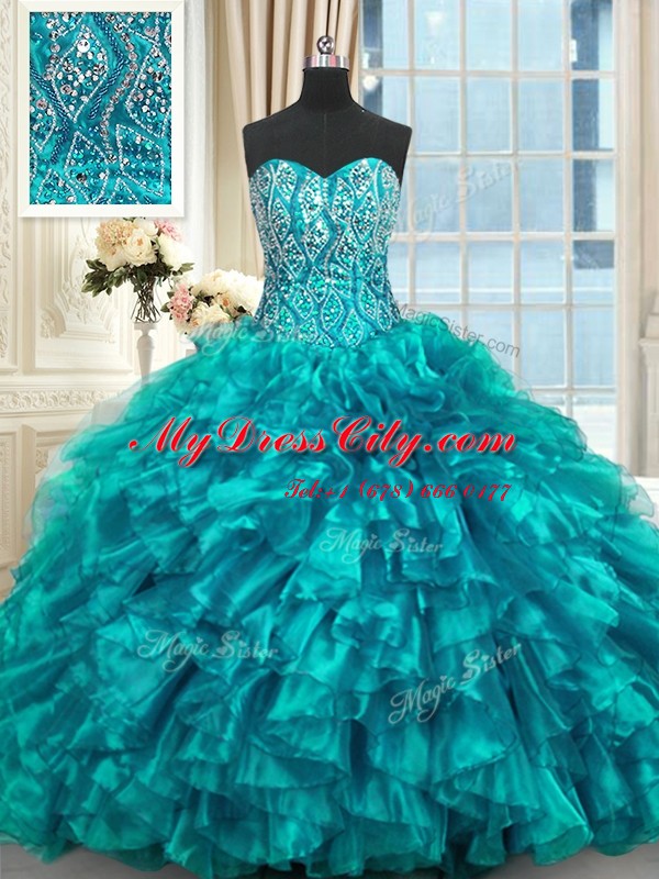 Eye-catching Teal Sweetheart Lace Up Beading and Ruffles Sweet 16 Dresses Brush Train Sleeveless