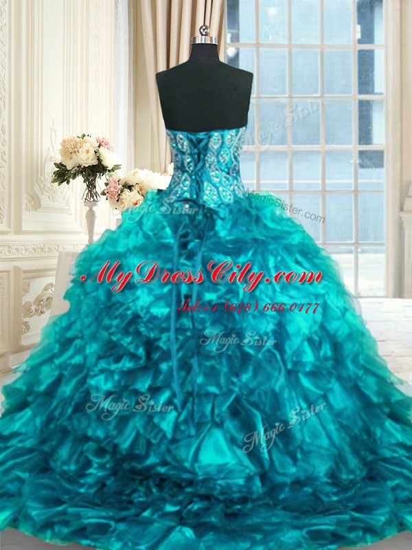 Eye-catching Teal Sweetheart Lace Up Beading and Ruffles Sweet 16 Dresses Brush Train Sleeveless