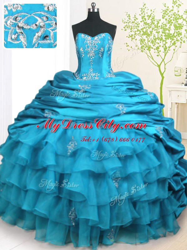 Fine Teal Strapless Lace Up Beading and Appliques and Ruffled Layers and Pick Ups Sweet 16 Quinceanera Dress Brush Train Sleeveless